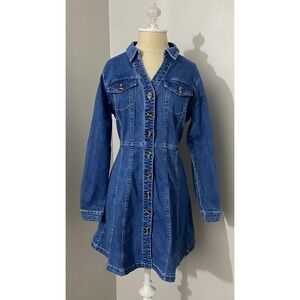 Women's Denim Dress Size Medium Button Down Long Sleeve A-line Western Boho-Chic